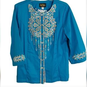 NWT Bob Mackie Wearable Art Embroidered Dreamcatcher Blue Jacket Size Medium